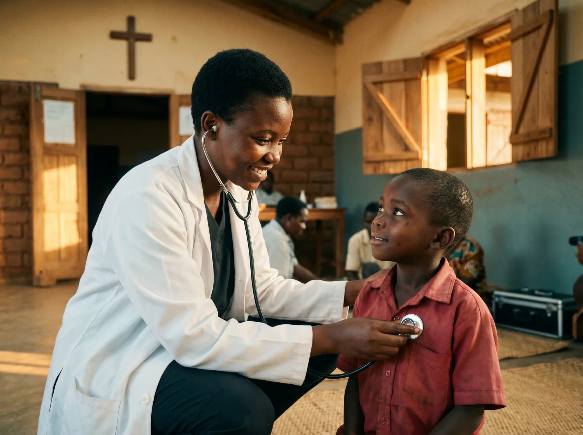A young African nurse with a stethoscope listens to the heartbeat of a small boy in a red shirt at a rural mission medical clinic, a wooden cross visible above the doorway.