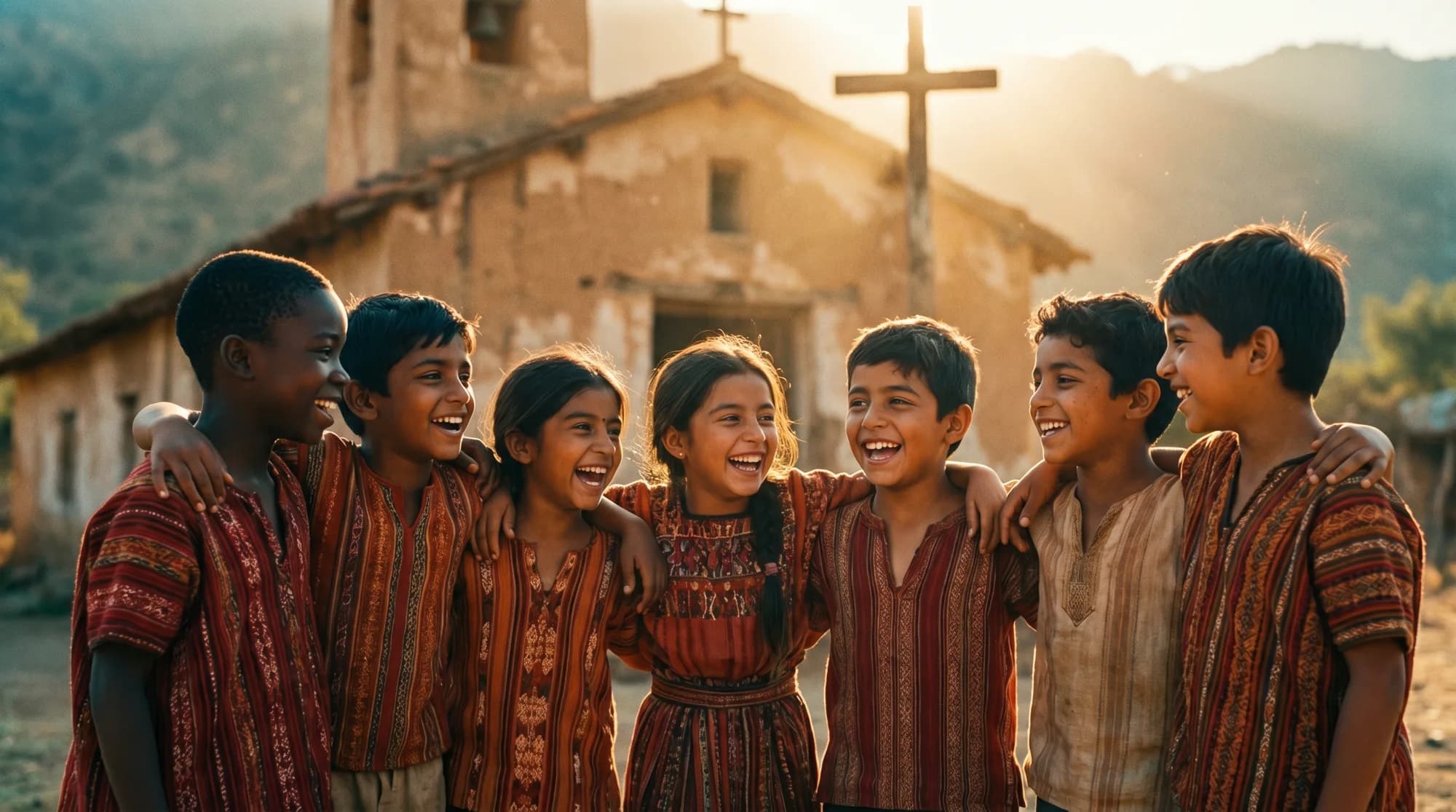 A group of multi-ethnic children stand together laughing in front of a humble adobe church with a wooden cross at golden hour.