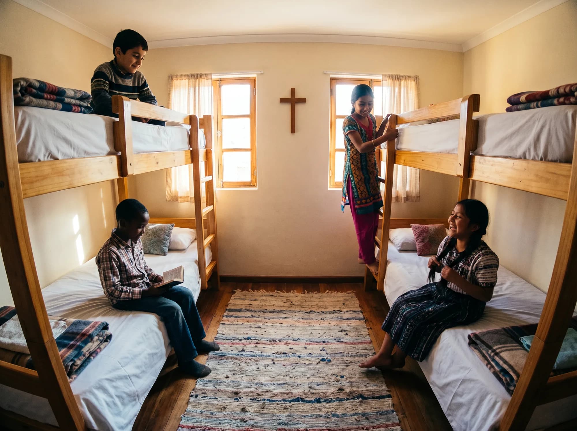 Four multi-ethnic children in a clean, sunlit dormitory bedroom with two wooden bunk beds and a wooden cross between two windows on the back wall.