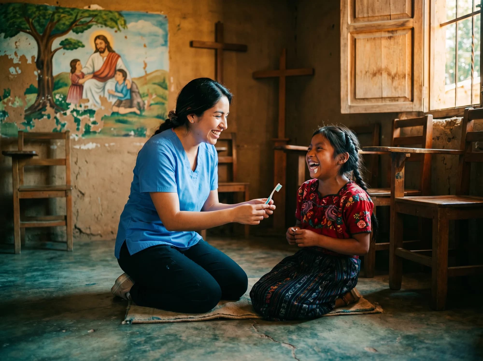 A dental hygienist kneels with a young girl, teaching her to brush her teeth, inside a humble rural clinic with a hand-painted mural of Jesus and a wooden cross visible on the wall.