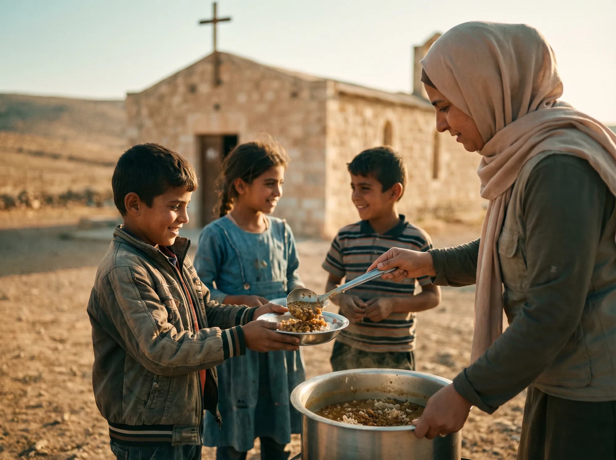 A woman in a beige headscarf serves a warm bowl of stew to children outside a stone church mission with a wooden cross silhouetted against the sky.